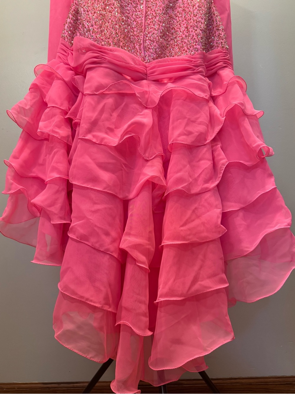 Pink Beaded V-Neck Ruffled Prom Dress - Picture 11 of 12